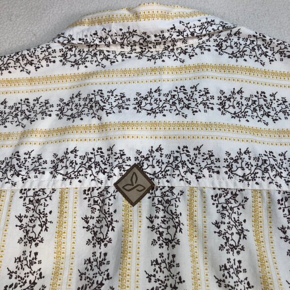 Prana Shirt Mens S White Yellow Floral Stripes Pocket 100% Cotton Button Up Logo - Picture 9 of 14